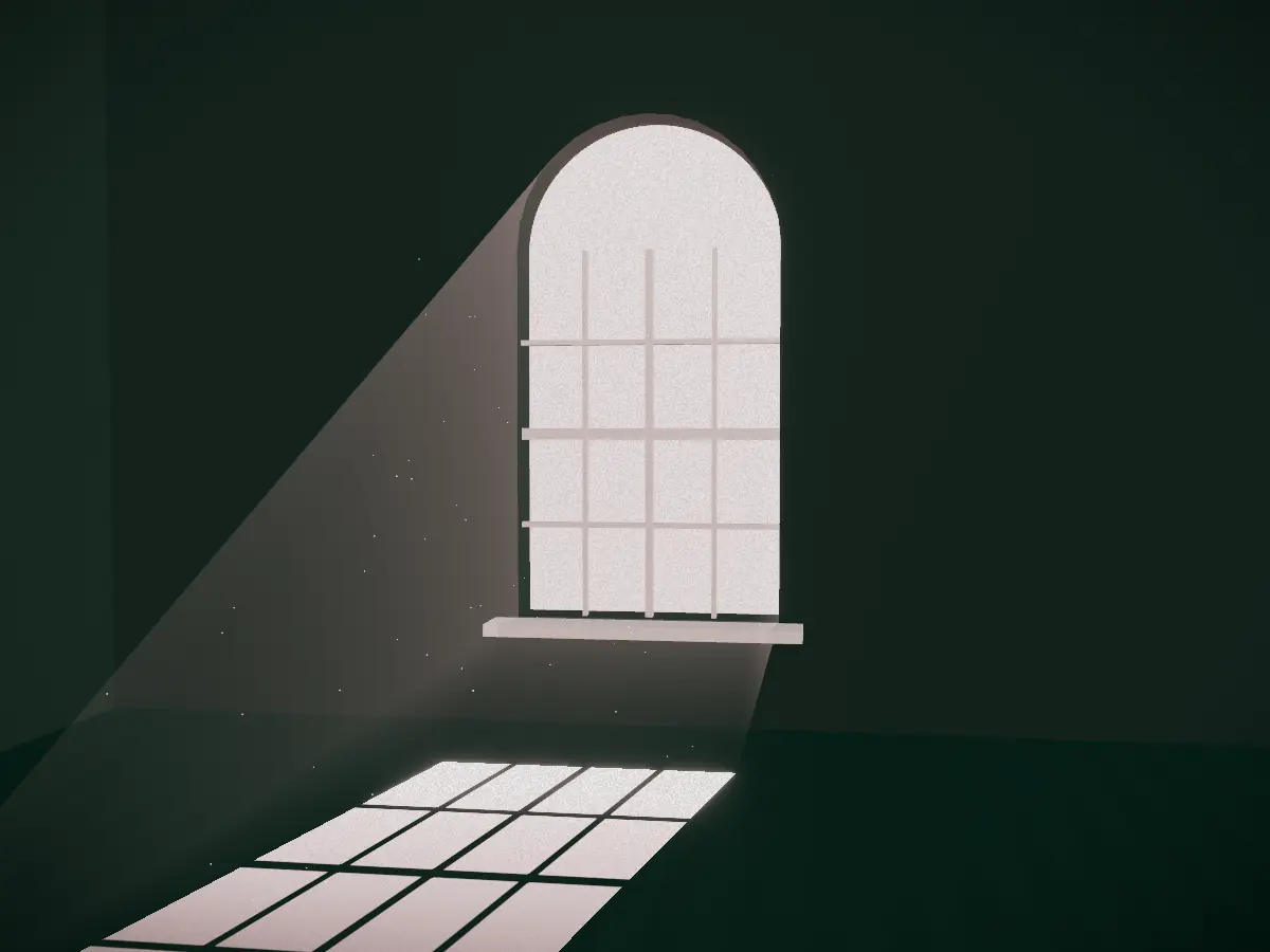 A bare room with a tall arched sash window, a shaft of blush light crossing the floor.