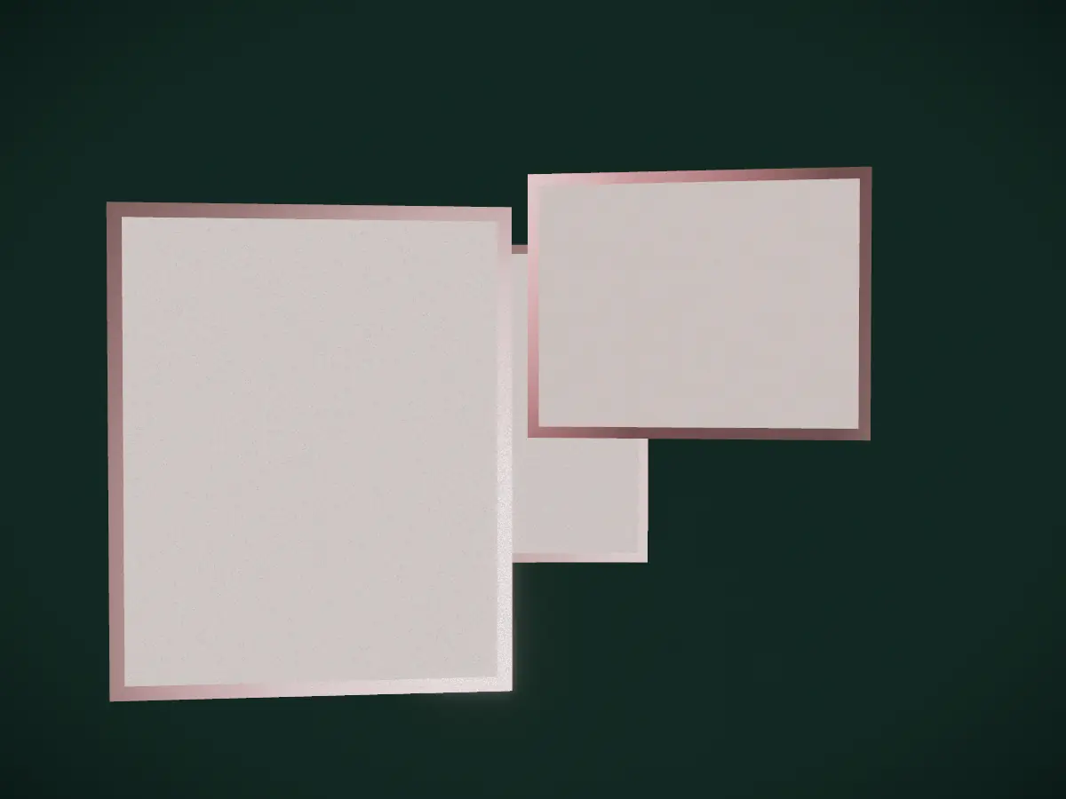 Three floating picture frames showing abstract interiors of arches, stairs and window light.