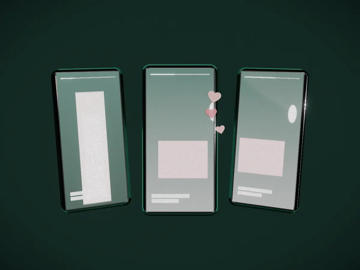 Three glass phones fanned in an arc, each playing a short vertical video.